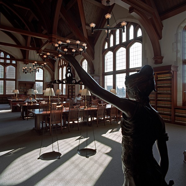 Lady Justice in the Janite Lee Reading Room at WashULaw